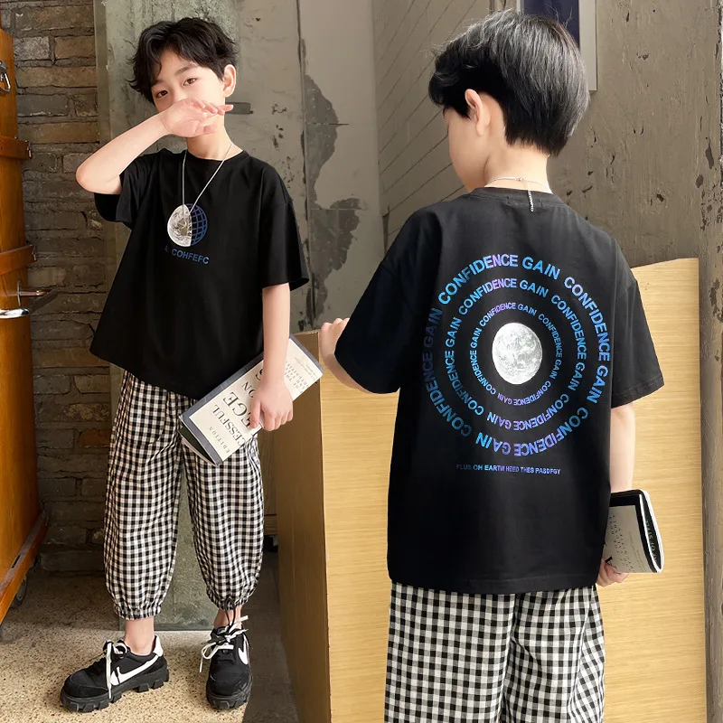 

Children's Clothing 2021 Summer Boys' Fashion Short Sleeve Star Mosquito Proof Pants Black Lattice Suit 6 7 8 9 10 11 12 Years
