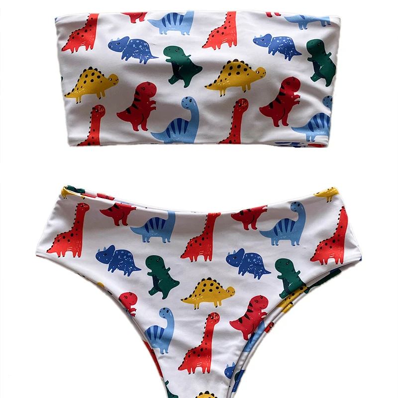 

2020 Sexy Dinosaur Print Strapless Bandeau Biquini Cut High Waist Swim Bathing Suit Swimsuit Tie Swimsuit Swimwear Women Bikini