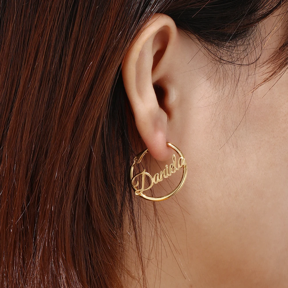 Personalized Name Copper Letter Earrings for Women Gold/Silver/Rose Gold Color Customized Circle Hoop Gifts Girls | Украшения и