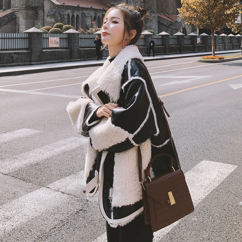 Женское пальто из овечьей шерсти зимняя новая Толстая меховая мотоциклетная