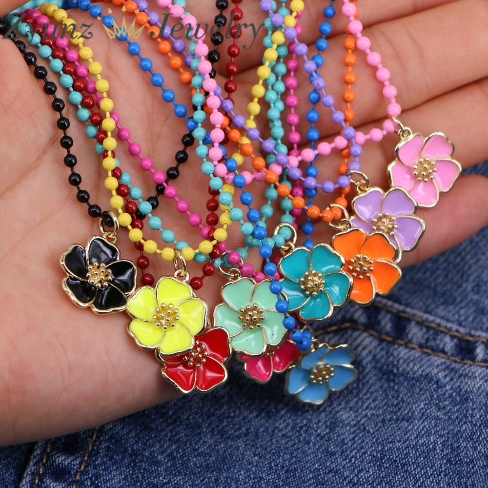 

5PCS, Colorful Enamel Flower Necklace, Enamel Floral Summer Necklace, Bead Ball Chain with Enamel Color Flower Jewelry