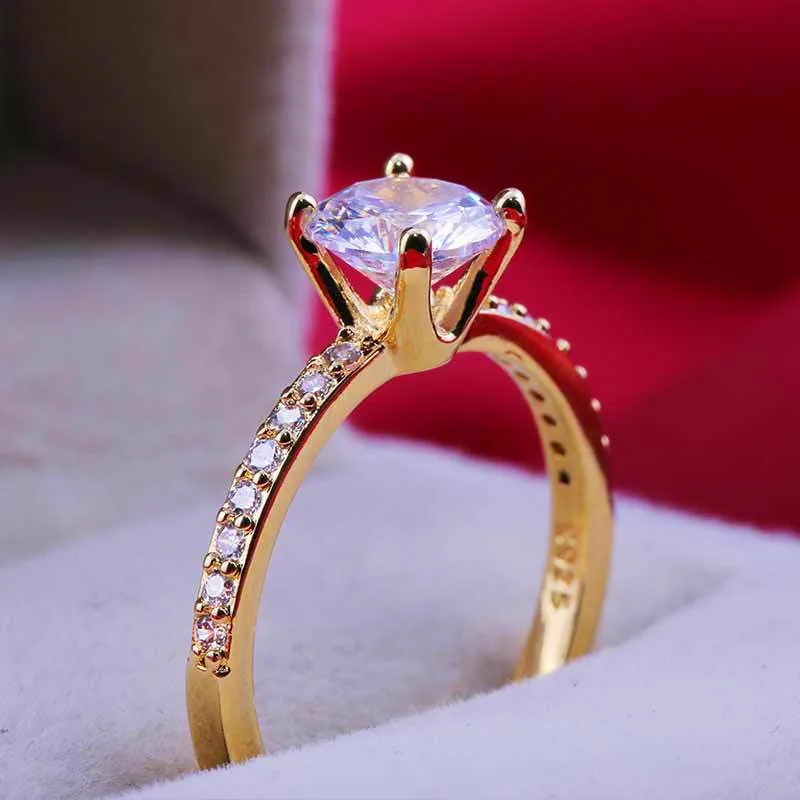 Роскошные женские кристально-белый циркон кольцо Классические желтые золотые