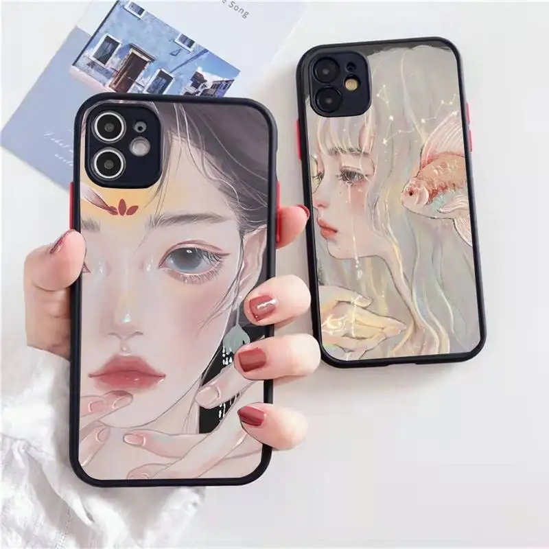 

Cute And Beauty Girl Color Painting art Phone Case matte transparent For iphone 7 8 11 12 13 plus mini x xs xr pro max cover