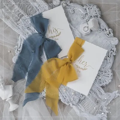 Blue Ginger 2 шт романтическая свадебная открытка с шармезом, шифоновая лента "His Her wows", свадебные открытки, клятва, подарок для свадебного душа, Flatlays Prop - Цвет: Blue Ginger