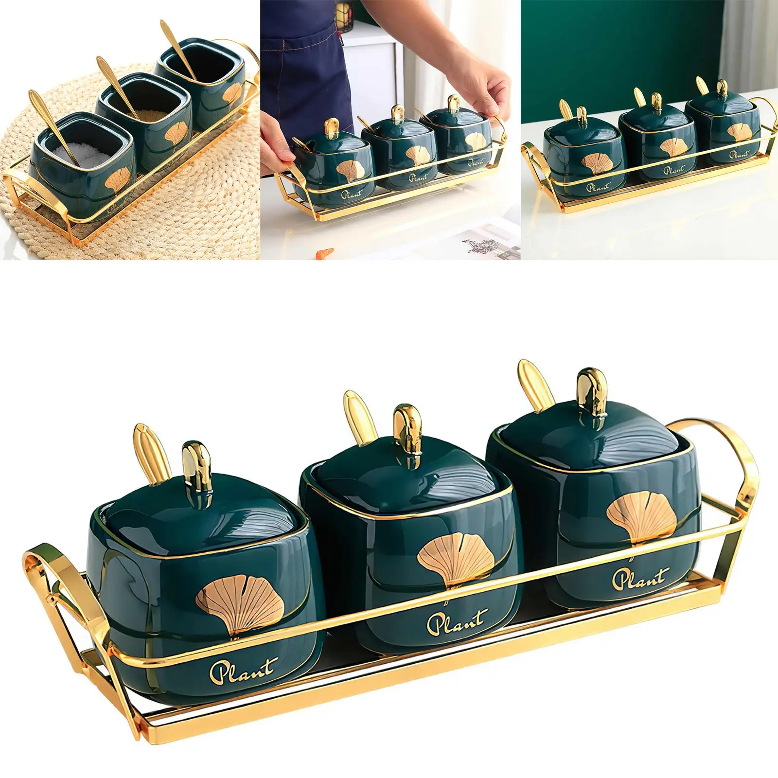 

Стеллаж для специй, зеленый нежный Набор банок для специй, керамическая банка для хранения продуктов, бутылка с крышкой, ложкой и подносом д...