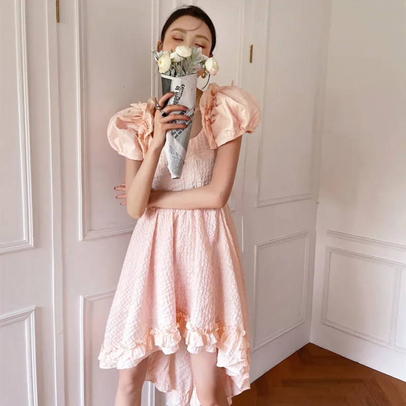 

Ladies Pink Puff Sleeve Square Collar Folds Trumpet Mini Dress Female Cotton Sweet Asymmetrical Dresses Female Vestidos ML137