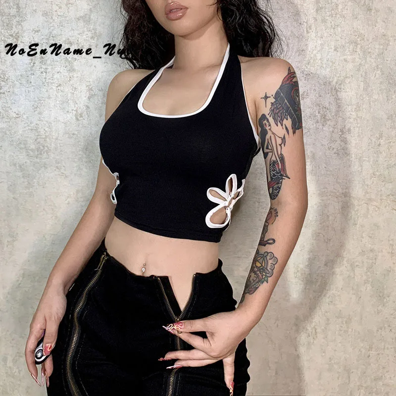 

Повседневный пикантный короткий топ с U-образным вырезом Y2k, облегающий Топ контрастных цветов с цветочным вырезом и вырезом на талии, шикар...