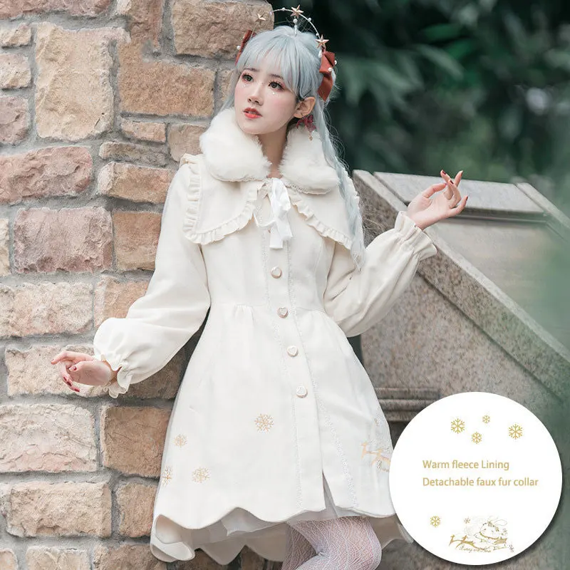 Кролик и Снежинка ~ Женская длинная вышитая Лолита пальто Теплый однобортный