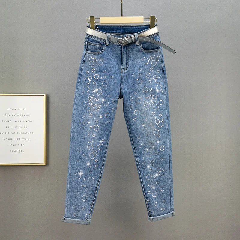 

Женские джинсы Стразы весна-осень 2021 новые хлопковые эластичные джинсы узкие брюки-карандаш с высокой талией женские синие джинсовые брюки