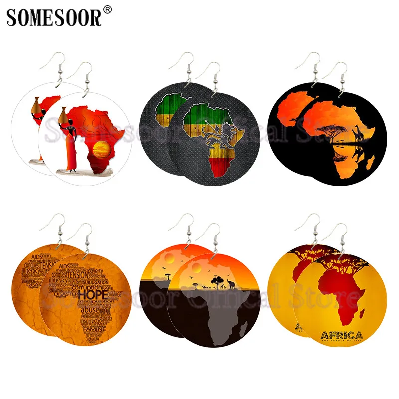 

SOMESOOR African Map Ethnic Art Wooden Drop Earrings Afro Headwrap Woman Eco Giraffe Elephant Lion Hope Tribal Jewelry For Black