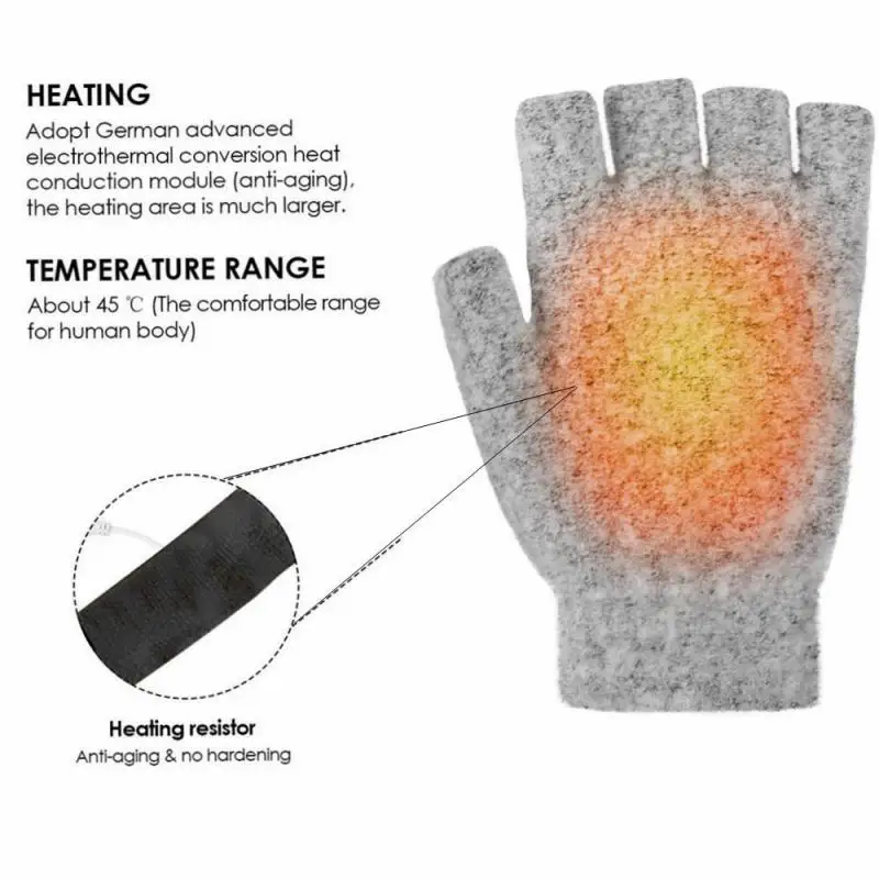 

Winter Outdoor Unisex Gloves USB Electric Heated Warmer Power Supply Half Finger Mitten Double-Sided Heating Half Finger