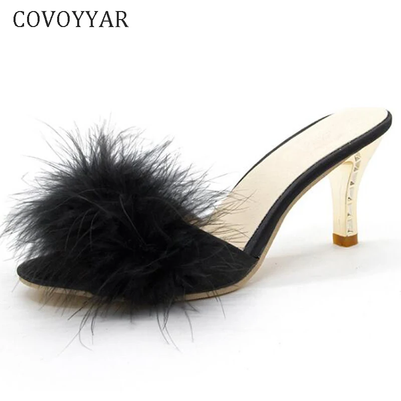 COVOYYAR 2021 Женская летняя обувь с перьями высокий тонкий каблук меховые тапочки