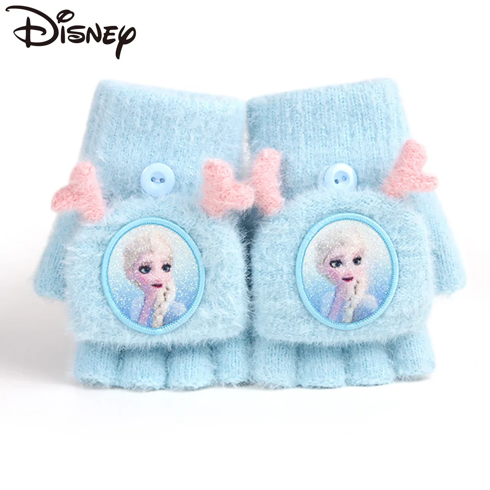 

Disney Children's Cute Deer Horn Knitted Gloves Frozen Girls Winter Warm Half Finger Flip Cover Five Fingers Mittens New Fashion