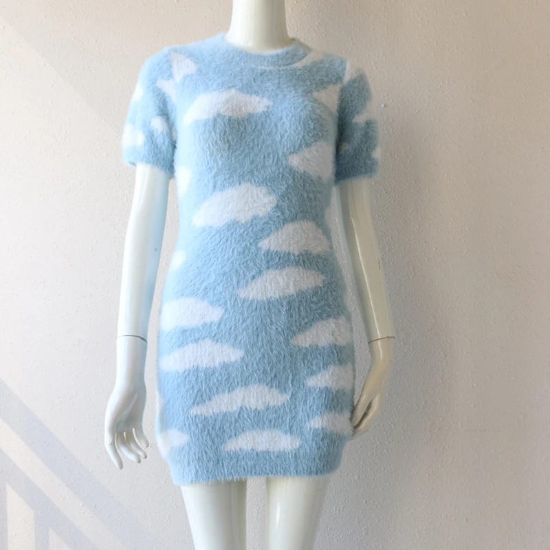 2020 г. Весна-осень свитер для молодых девушек небо и облако мини-платье модное