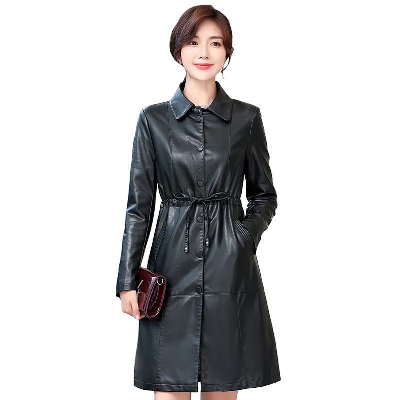 

Женский осенне-зимний кожаный Тренч с поясом, Женская длинная куртка из искусственной кожи, женские пальто, ветровка