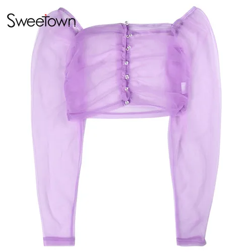 purple Sweetown Лето фиолетовый сетчатый топ, рубашка Прозрачная Сексуальная рейв одежда с пышными рукавами, бисером, Футболка женская Праздничная пляжная одежда - Цвет: purple