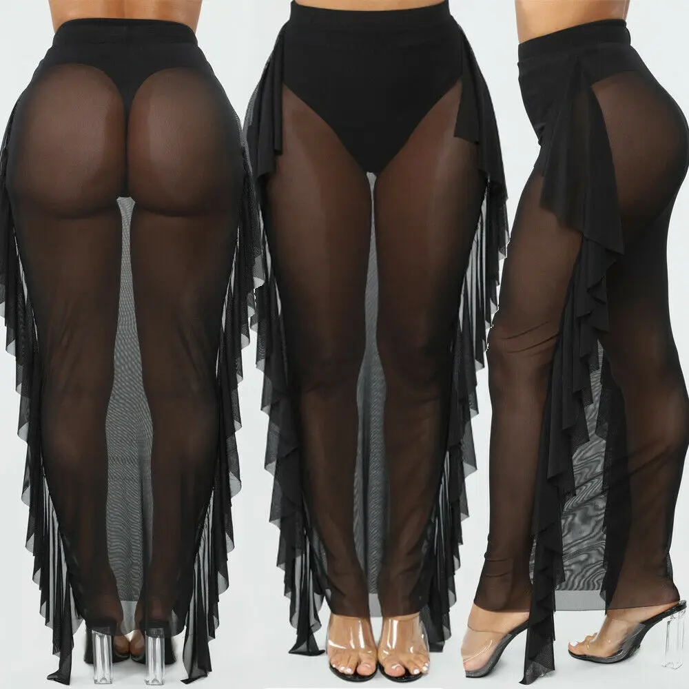 Женские Сексуальные Обтягивающие юбки с оборками прозрачная сетчатая длинная
