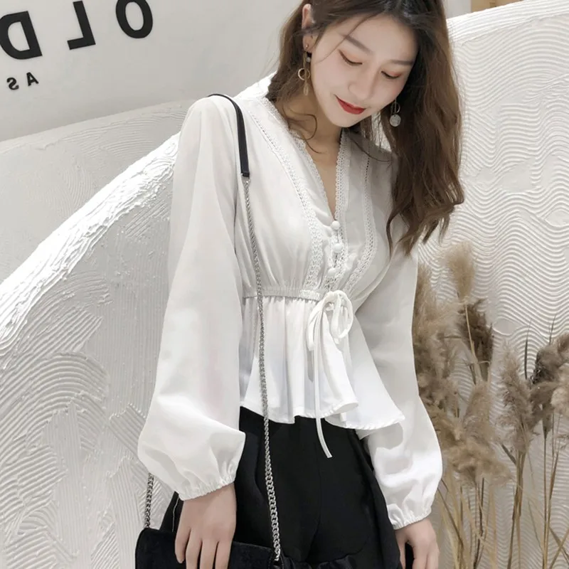 

Весенняя Блузка с оборками, Женская Повседневная однотонная блузка, модные кружевные топы с украшением