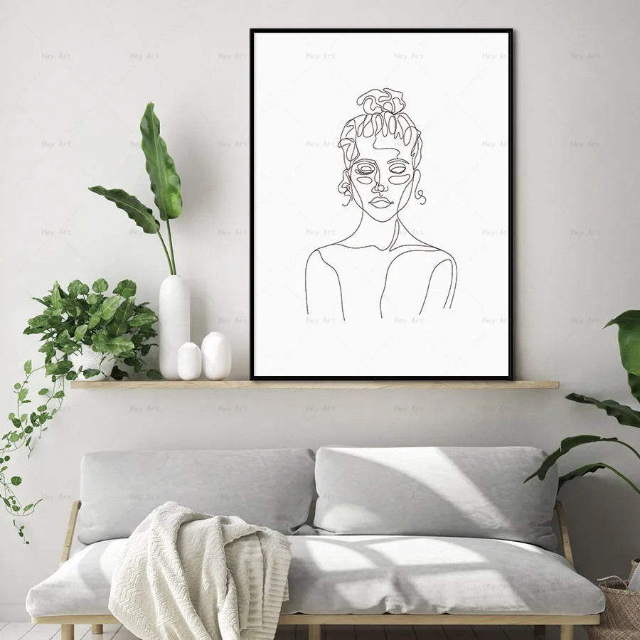 

Canvas Picture Minimalist Wall Art Painting Black and White Abstract Line Drawing Woman Face Figure Flower Prints Posters Decor