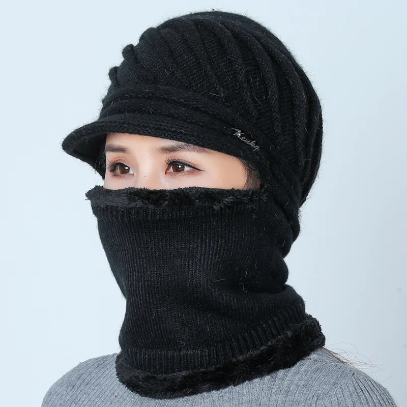Female Warm Beanie Hat Rabbit Hair Snow Caps Winter Women One Body Cap Gorras Bonnet Mask Fashion Wool Collars |