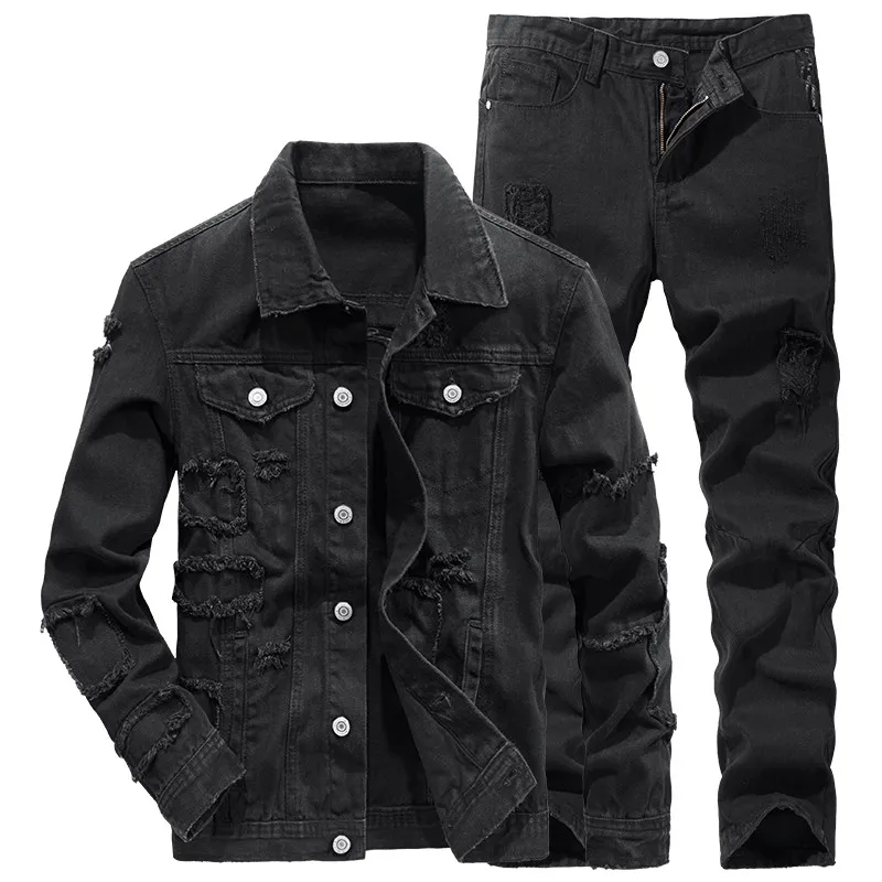 

Autumn Black Denim Coat Men Cargo Jeans Loose Fit Hole Ripped Prints Cowboy Jacket Straight Trousers Two Piece Set Oversize