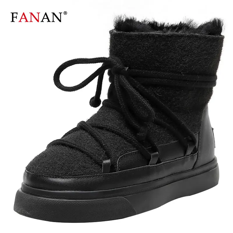 FANAN Luxury Women Wool Real Leather Ankle Boots Female Keep Warm Snow Boots Cute Casual Shoes Woman Flats Platform Boots