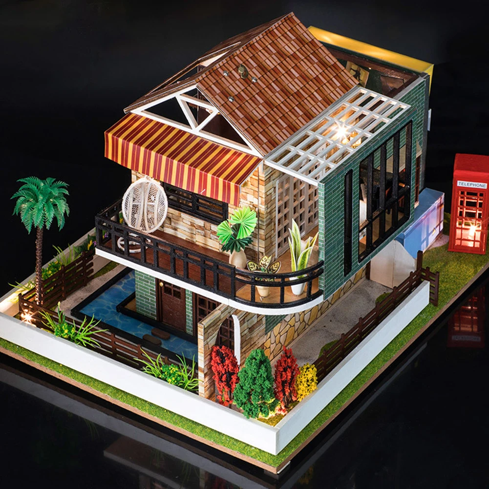 

DIY 3D Handmade Cafe Dollhouse Wooden House with LED Miniature Furniture Kit Building Kits Casa LED Toy Kid Gifts Doll house