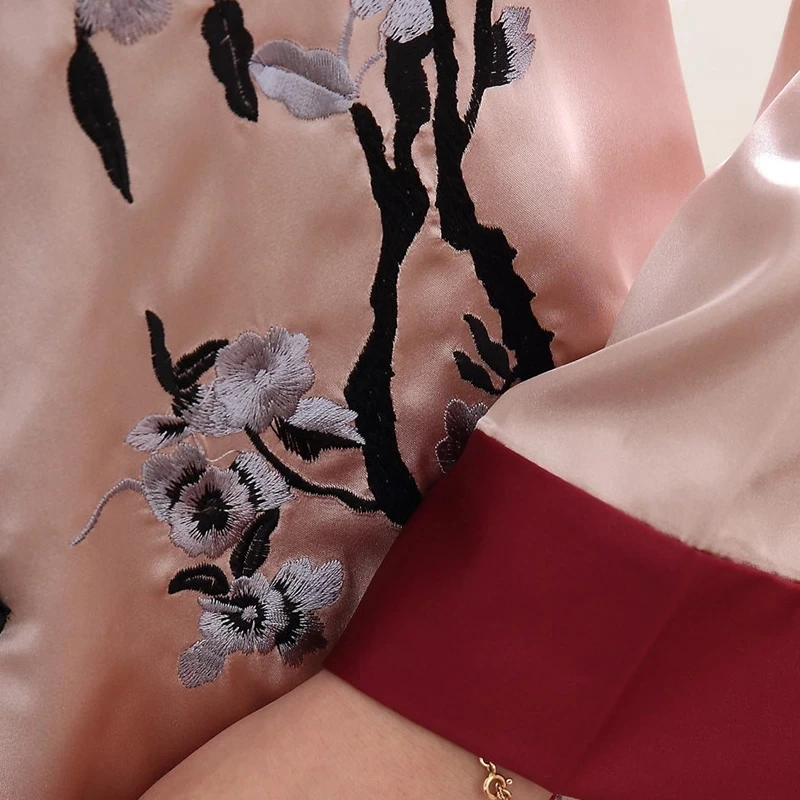 

Plus Size 3XL Embroidery Nightwear Chinese Female Pajamas Set Women Long Sleeve Shirt&Pant Sleepwear 2PCS Camel Pyjamas Suit