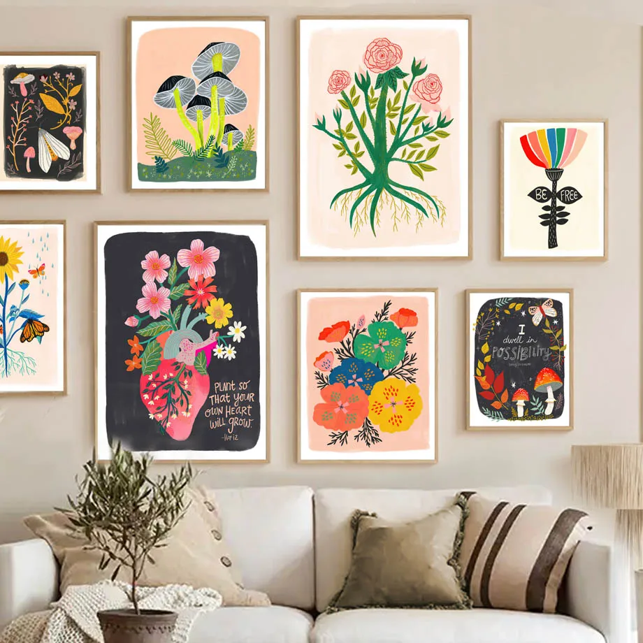

Mushroom Botanical Colorful Anatomical Heart Flowers Wall Art Print Canvas Painting Nordic Poster Decor Pictures For Living Room