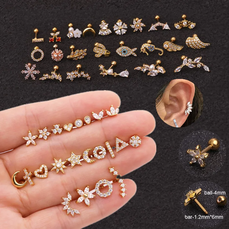 

1PC Cooper Crystal Flower Cartilage Piercing Studs Earrings Helix Jewelry Cross Tragus Stud Earring Small Cute Lobe Earring Rook