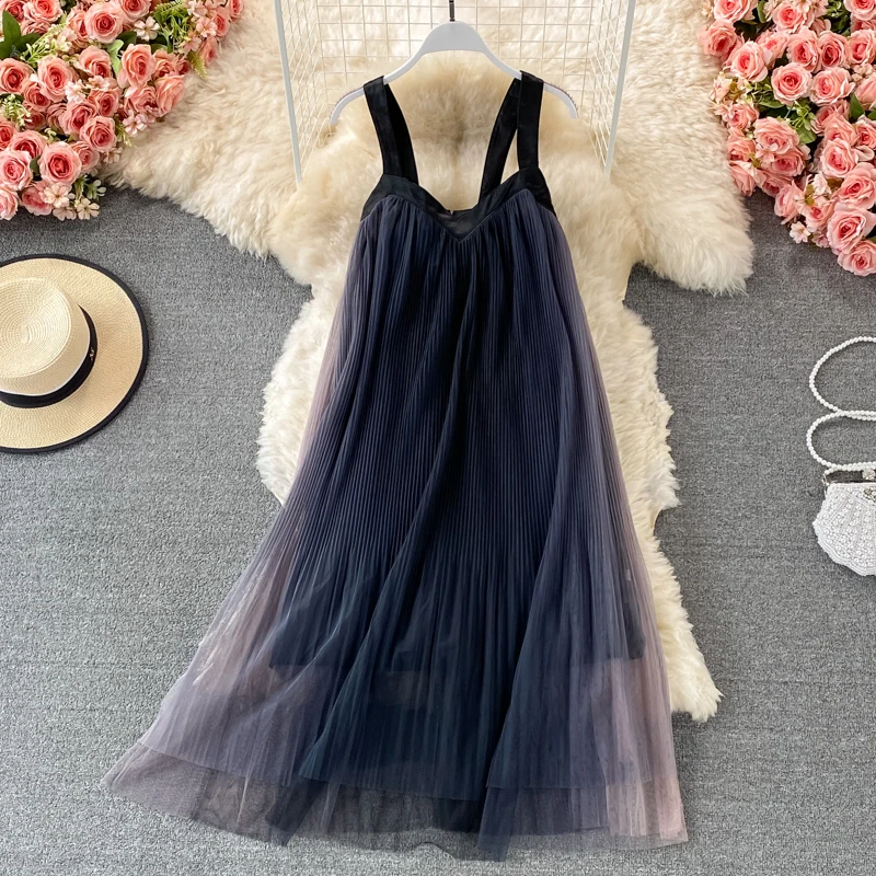 Las mujeres elegantes de verano, púrpura, Vestido de playa, 2021 traje Casual suelto gradiente de Color de hilo de red vestido plisado de tirantes Mujer Vestidos