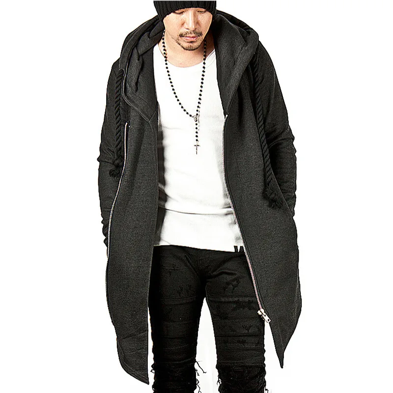 Men black gray hip hop long hoodies with thick string zippers hooded coat man vintage streetwear casual cosplay sweatshirts | Мужская