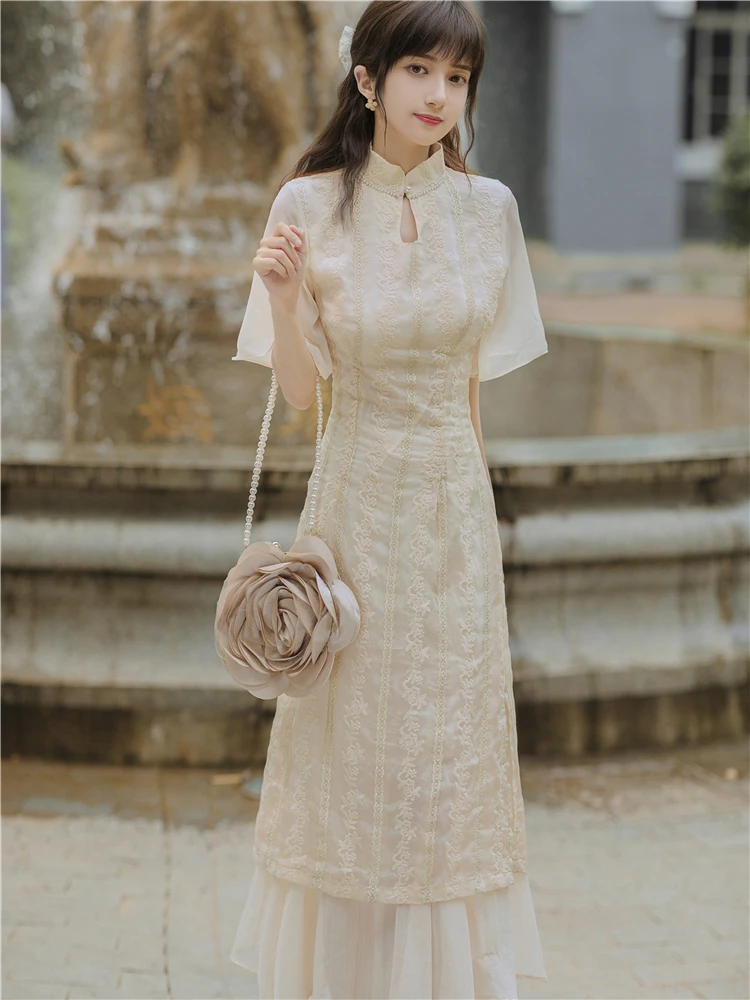 

Summer fairy new wind splicing chiffon embroidery improved cheongsam