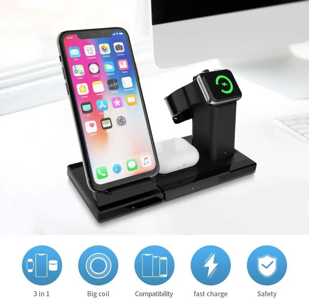 Беспроводное зарядное устройство 3 в 1 для часов Airpods и съемная Магнитная