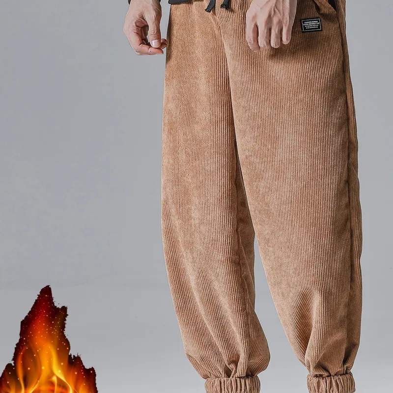 Plus Velvet Corduroy Pants Men's Fashion Solid Color Retro Casual Pants Men Streetwear Loose Hip Hop Trousers Large Size M-5XL