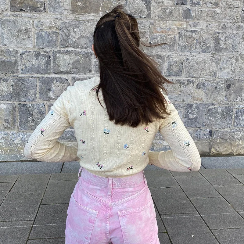 

Floral Embroidery Vintage Knit Cardigans Autumn Harajuku Chic Crop Knitwear Single-breasted Cute Casual Sweaters Cuteandpsycho