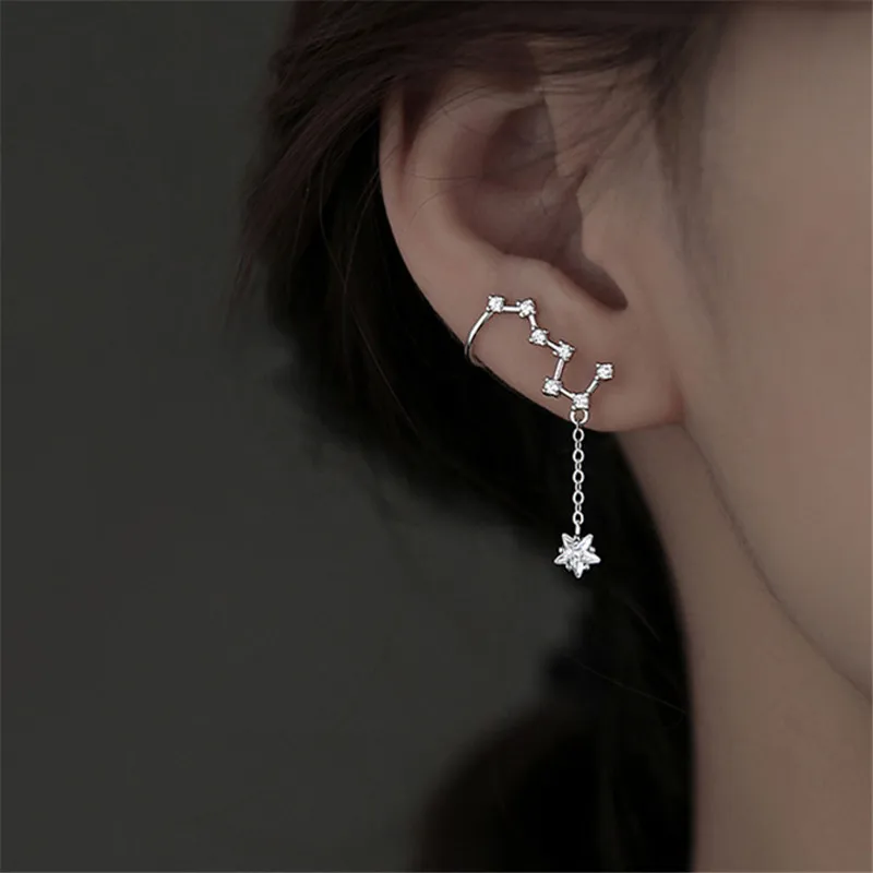 

1 Pcs 925 Sterling Silver Micro Pave Tassel Long Chain Star Clip Earring For Women Girl Ear Cuff Jewelry Brincos eh913