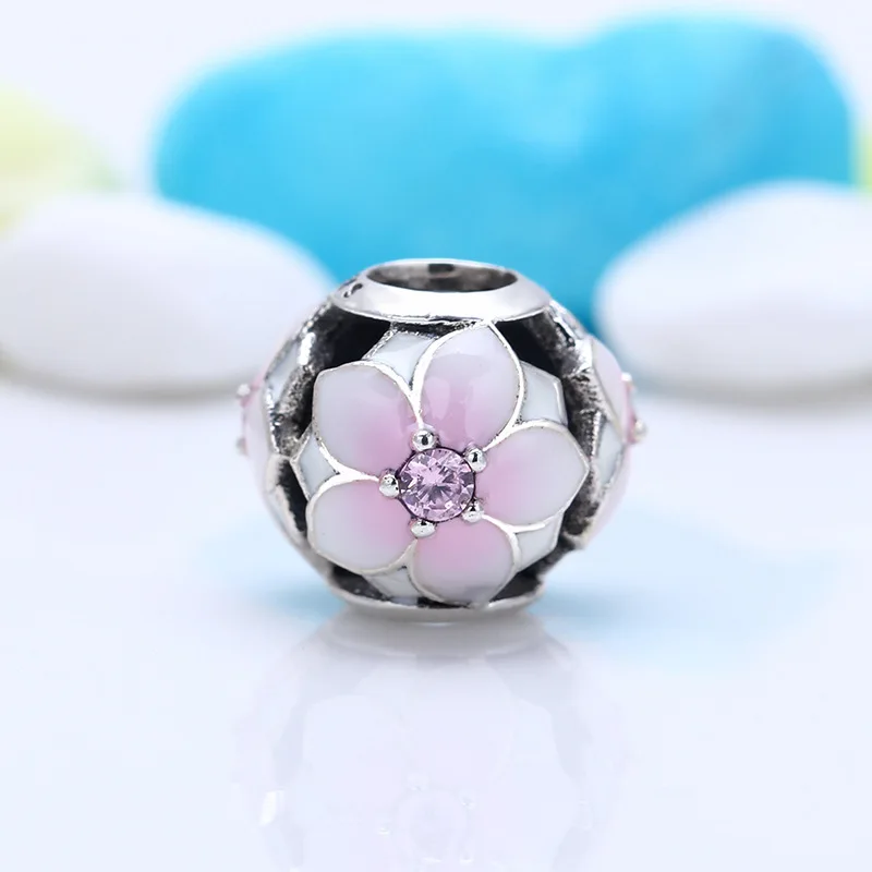 Бусина из серебра 925 пробы с цветами магнолии и эмалью подходит для браслетов