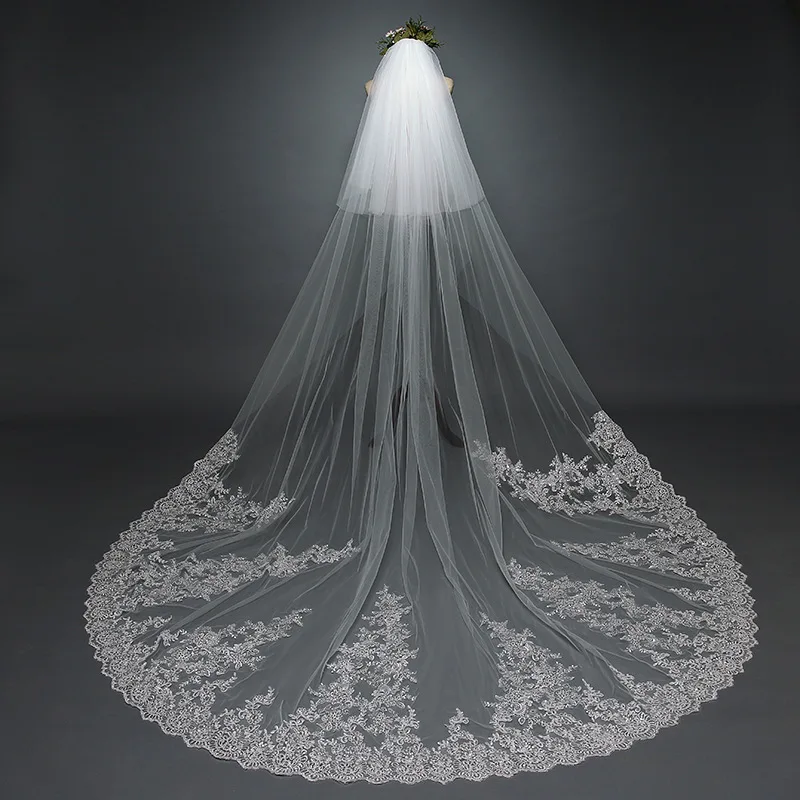 

Popodion Wedding Accessories Sequins Lace Wedding Veil Long 3M Cathedral Wedding Veil with Comb Bulsher Bridal Veils WAS10211
