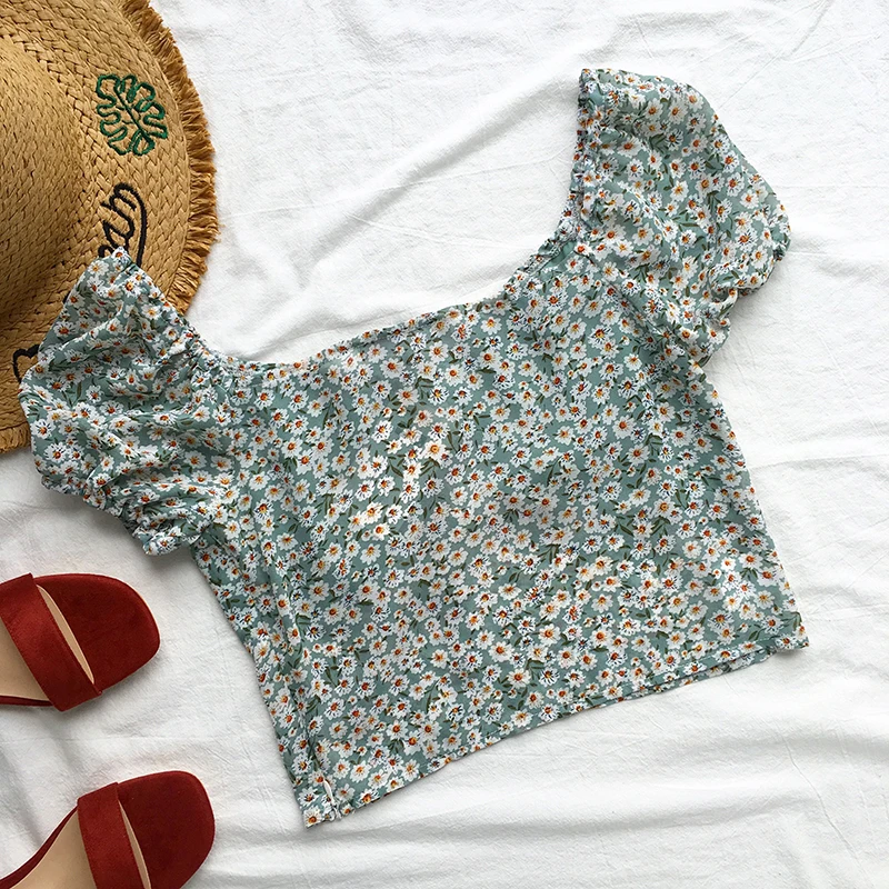 Винтажная Хлопковая женская блузка с зеленым цветочным принтом облегающая