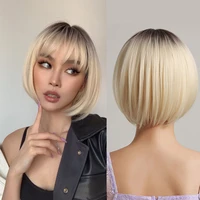 henry margu bob short synthetic hair wigs for women ombre brown blonde wig with bangs straight cosplay daily wigs heat resistant