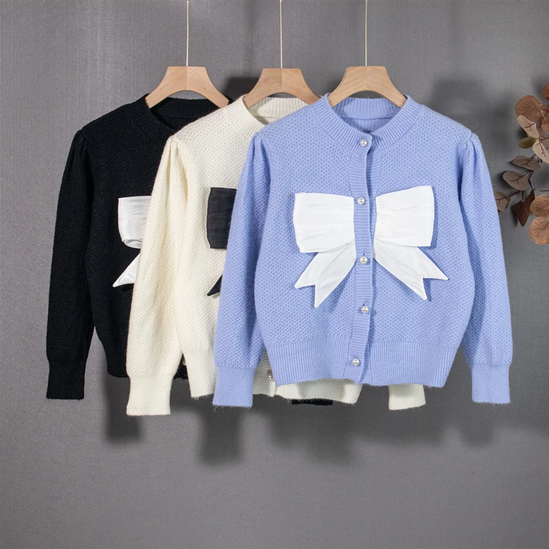 

Женский вязаный кардиган с бантом, Осенний теплый однобортный свитер в Корейском стиле с пышными рукавами, 2021