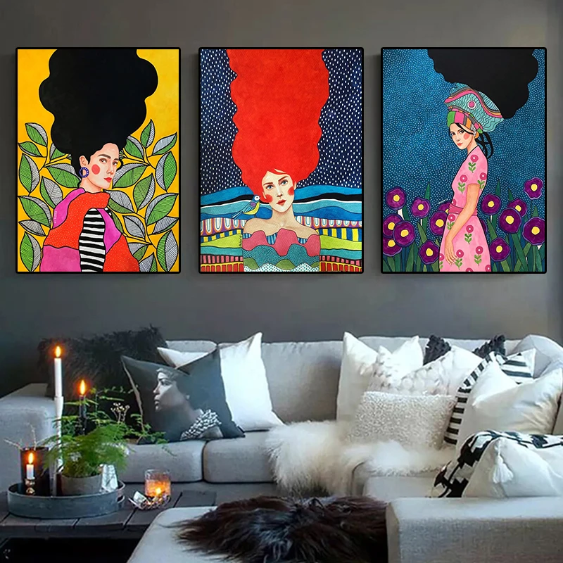 

Abstract Pineapple Girl Canvas Painting Colorful Character Posters Prints Creative Hair Wall Art Retro Home Decoration Pictures