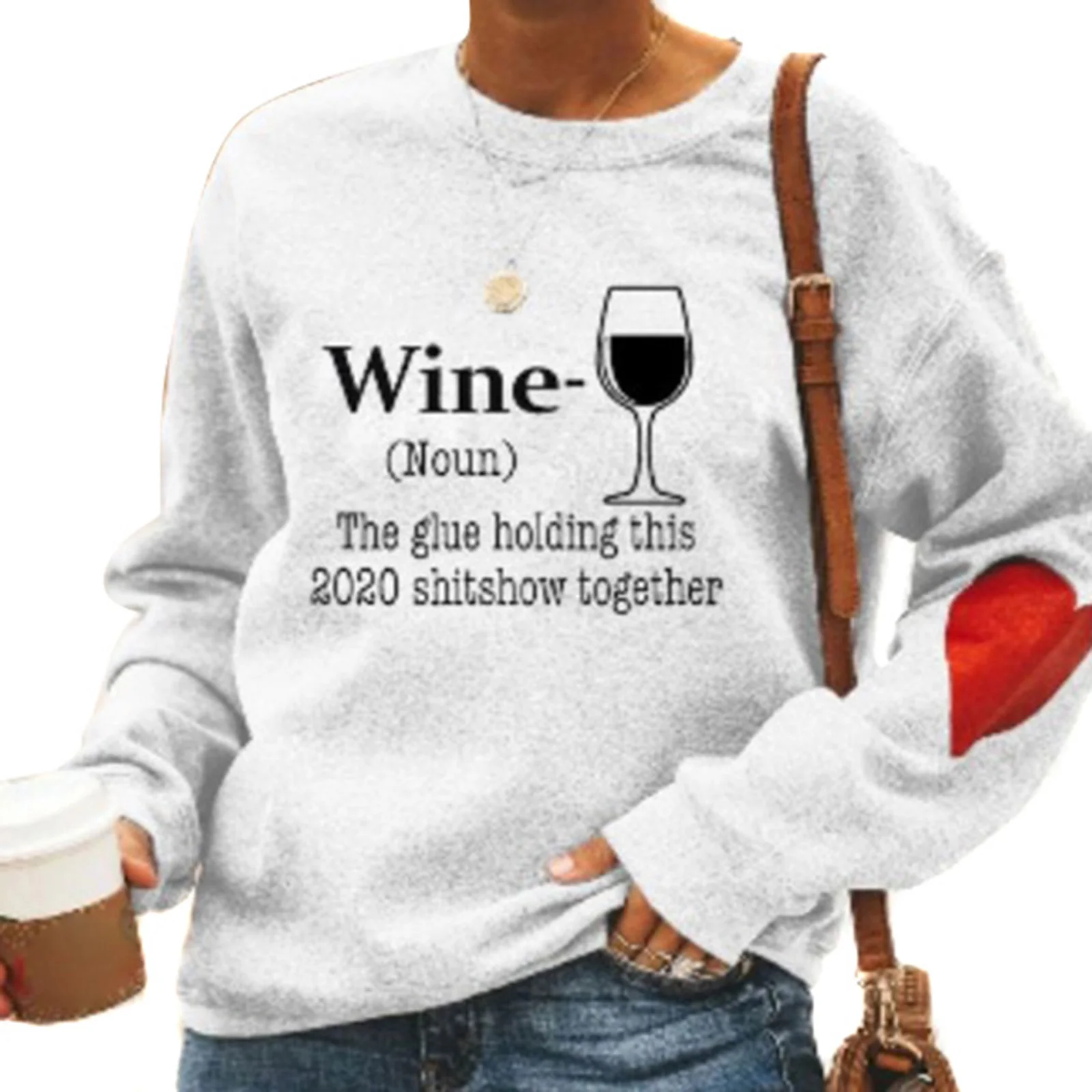 

Wine Letters Heart-shaped Printed Sweatshirt Women Long Sleeve Casual Top Autumn Spring Winter -MX8