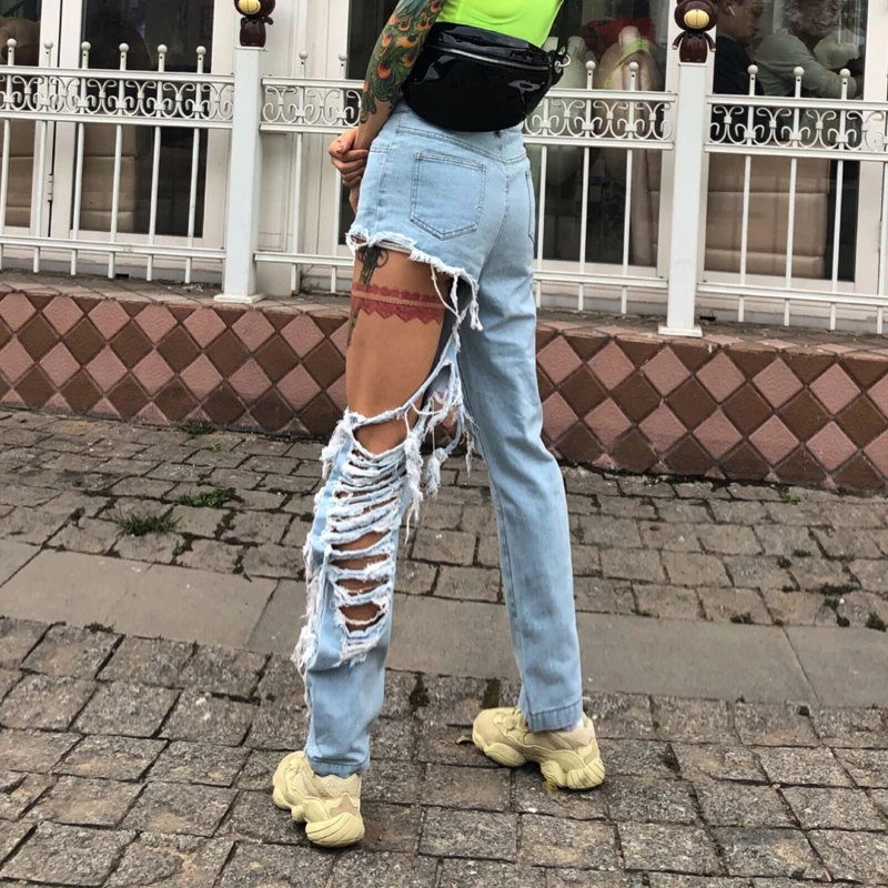 

CHICEVER Casual Hollow Out Jeans For Women High Waist Patchwork Tassel Hole Streetwear Blue Pants Female 2021 Spring Fashion New