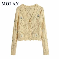 molan loose woman cardign fashion print v neck long sleeve 2021 new winter casual sweater female chic yellow sweater