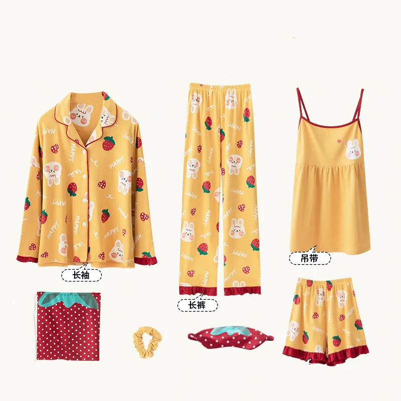 

JRMISSLI 7 Piece sets Women Pajamas Sets Cute Girls Sleepwear Women's Pijamas Suit Home Clothes Larger Pyjama Femme