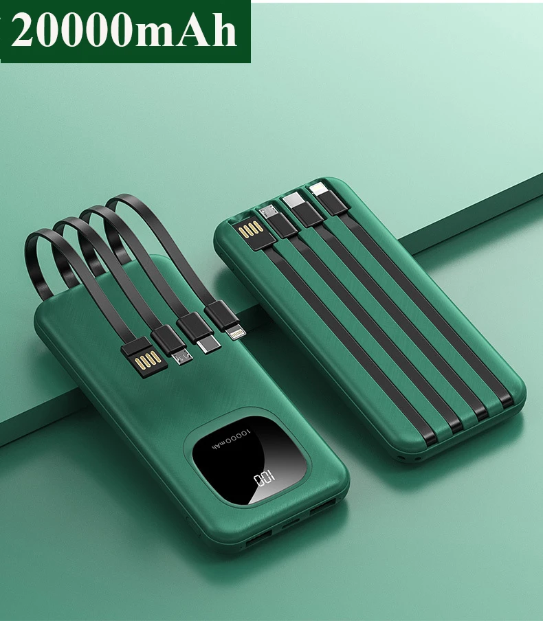 

20000mAh Power Bank For Xiaomi iPhone Samsung Fast Charger Powerbank Built in 4 Cables Portable External Battery Pack Power Bank
