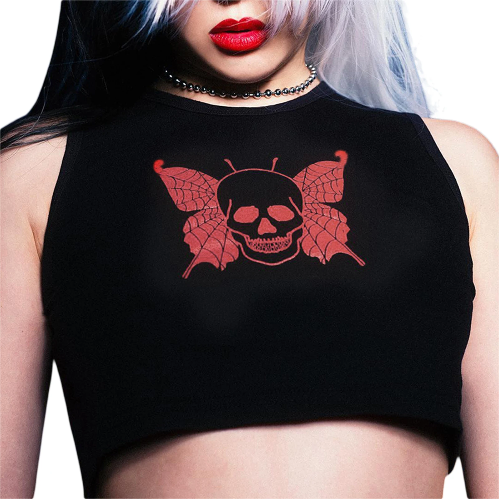 

Women’s Causal Round Neck Vest Personality Skull Printing Exposed Navel Sleeveless Tops