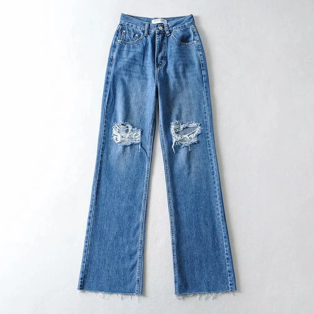 

High Waist Slender Sexy Denim Trousers Women Knee Holes Raw Edged Washed Wide Leg Jeans Female Floor Length Ripped Baggy Pants